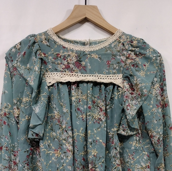 Sunday Seoul Floral Eyelet Babydoll Top Women's S Blue Artsy Cottagecore Retro - Picture 2 of 10